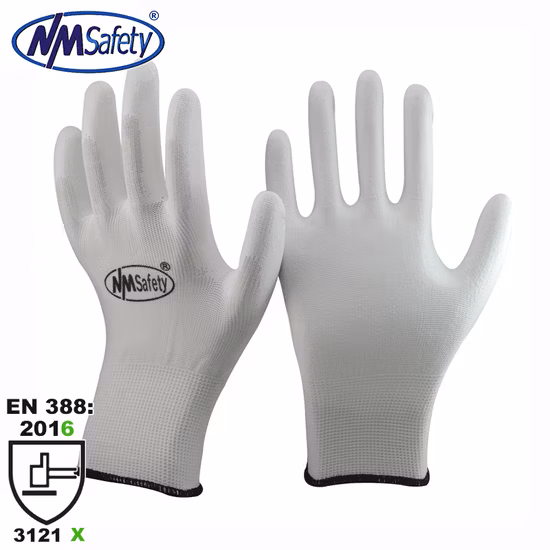 Guante de trabajo de seguridad de pintura de PU recubierto de palma de poliéster blanco Nmsafety